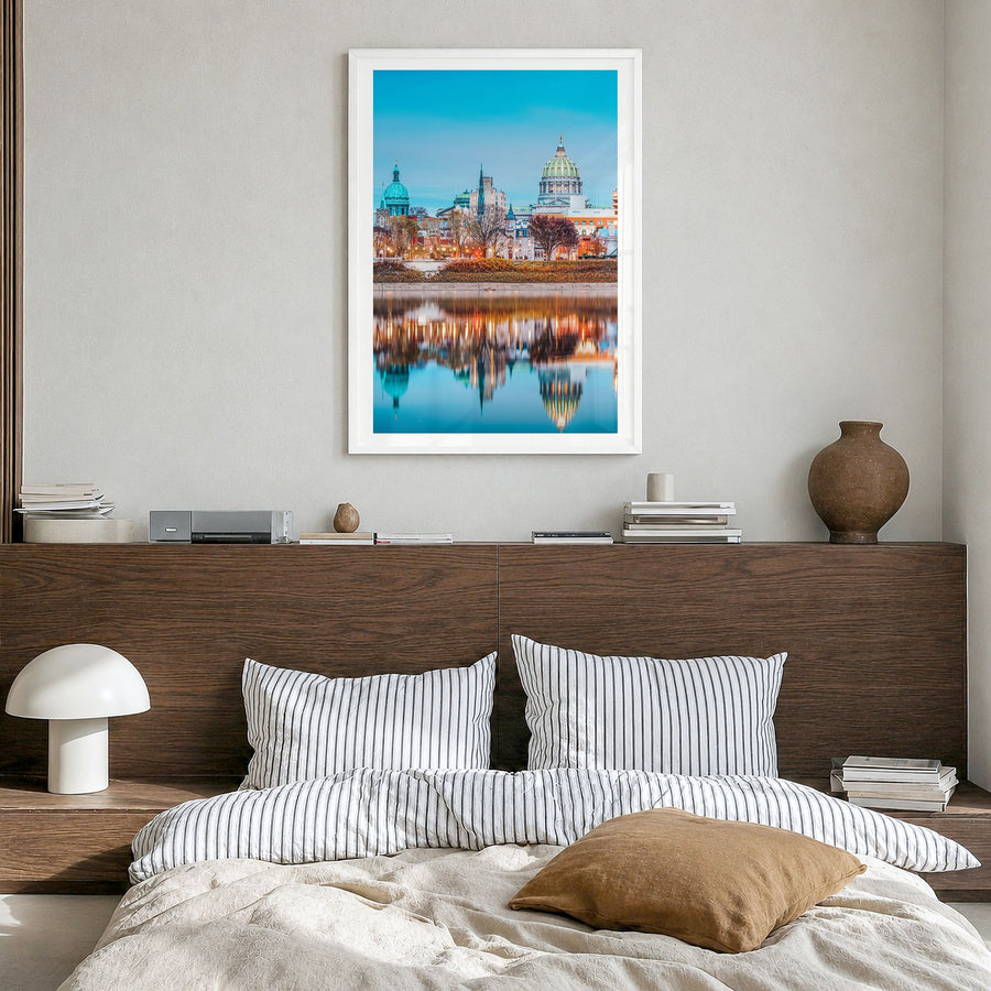 Pennsylvania Photo No 1 Poster in a white wood frame, hanging in a bedroom, white border