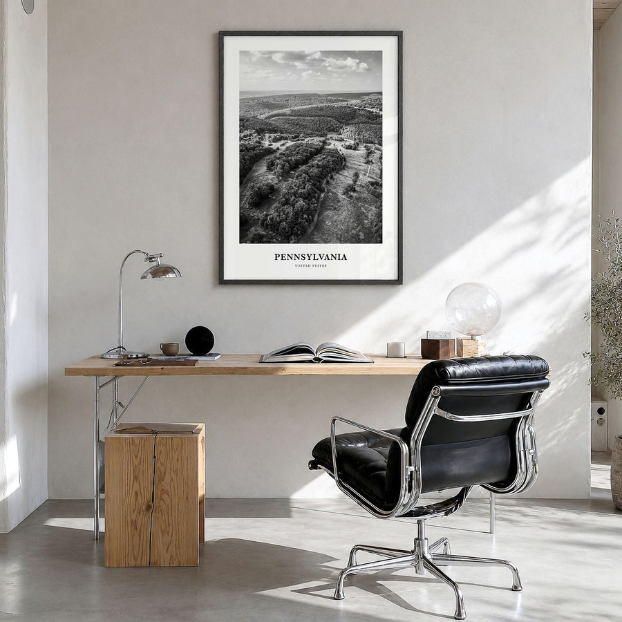 Pennsylvania Classic Poster in a black wood frame, hanging in a bright home office