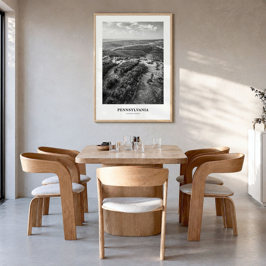 Pennsylvania Classic Poster in a natural wood frame, hanging in a dining room