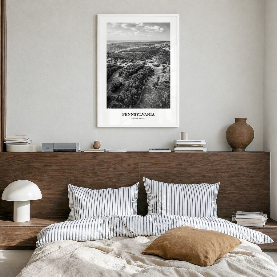 Pennsylvania Classic Poster in a white wood frame, hanging in a bedroom