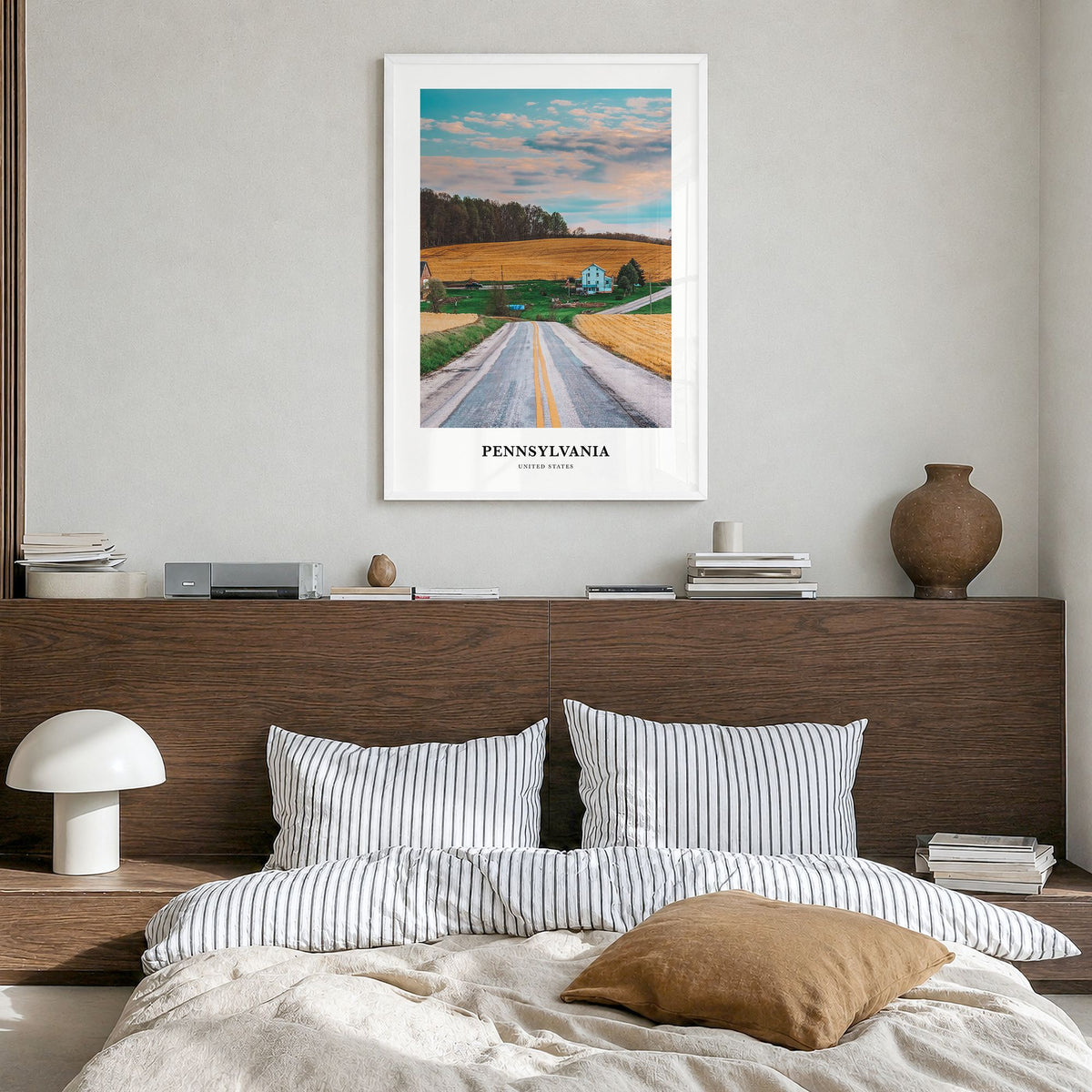 Pennsylvania Classic Poster in a white wood frame, hanging in a bedroom