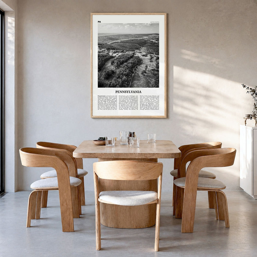 Pennsylvania Newspaper No 2 Poster in a natural wood frame, hanging in a dining room