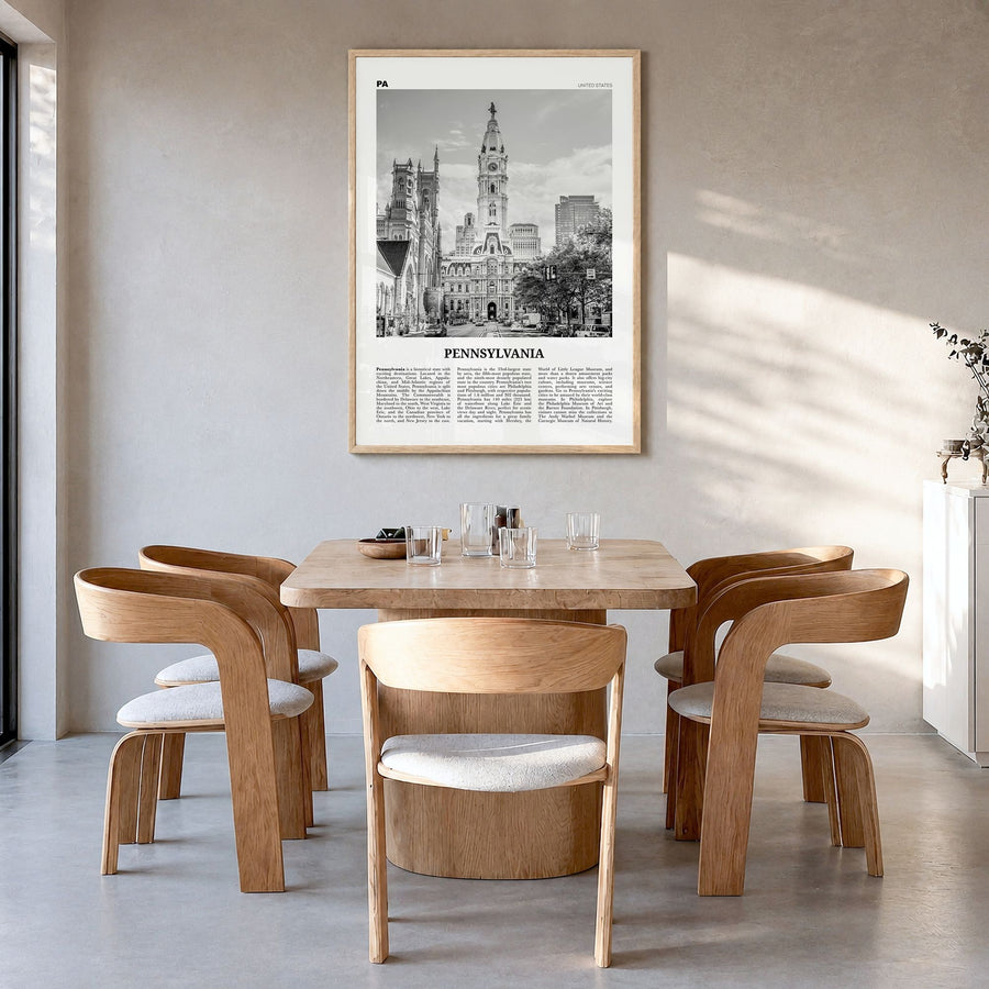 Pennsylvania Newspaper No 5 Poster in a natural wood frame, hanging in a dining room