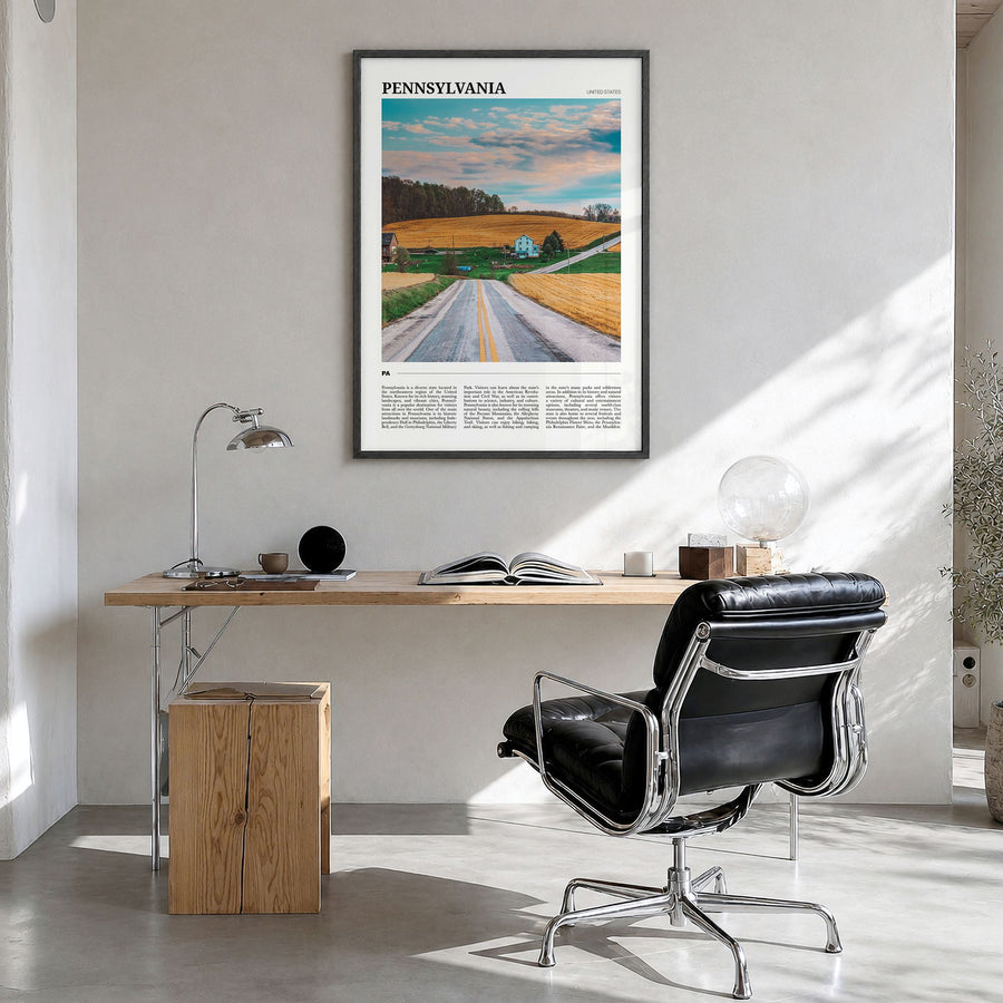 Pennsylvania Travel Poster in a black wood frame, hanging in a bright home office
