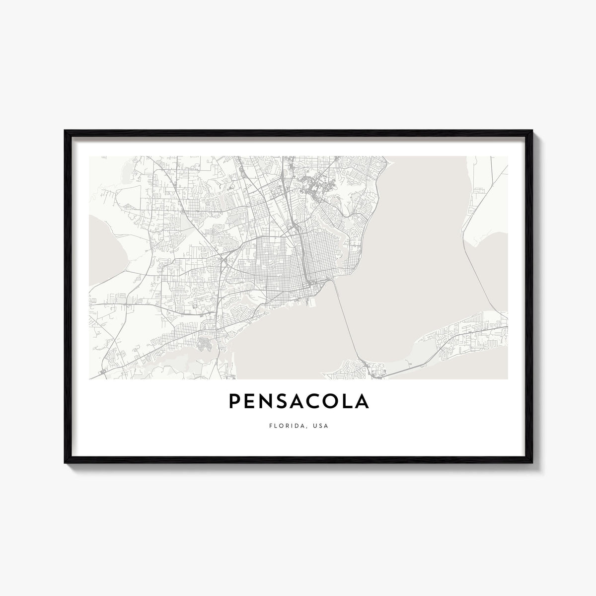 Pensacola black & white map poster of Florida, USA – horizontal wall art, unframed print shown in interior mockup