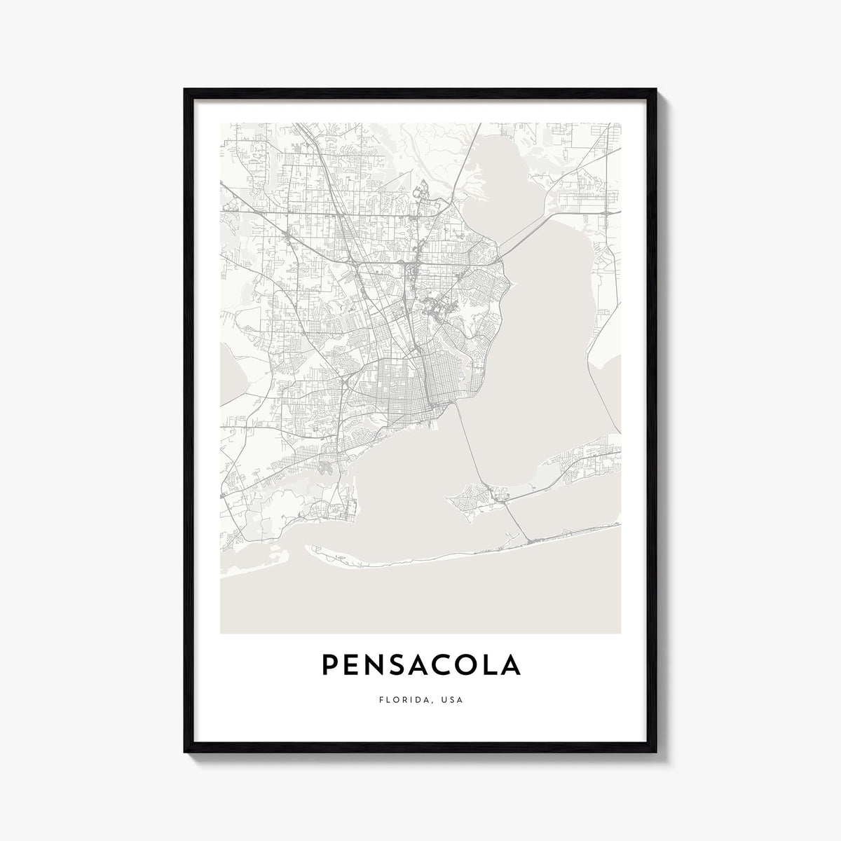 Pensacola black & white map poster of Florida, USA – vertical wall art, unframed print shown in interior mockup