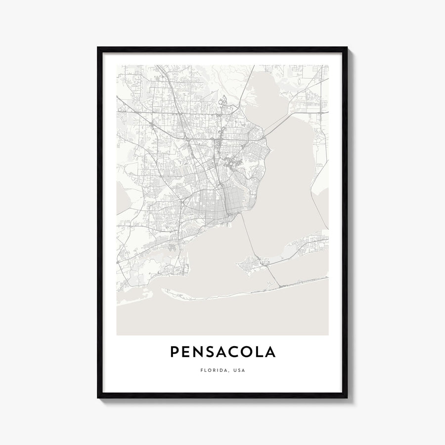 Pensacola black & white map poster of Florida, USA – vertical wall art, unframed print shown in interior mockup
