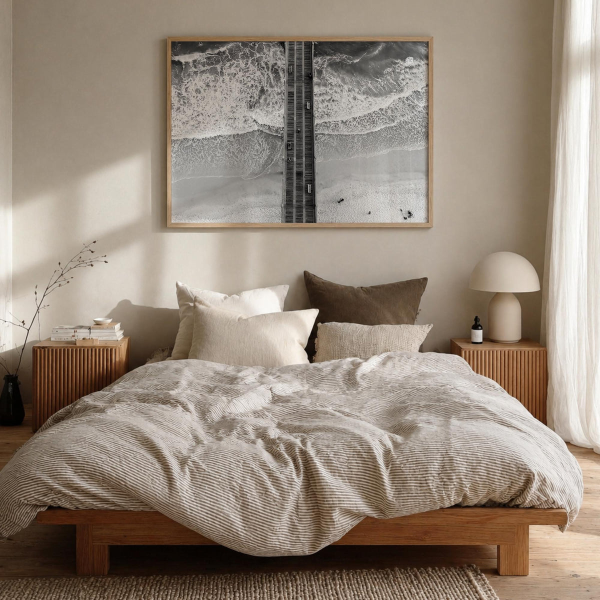 Pensacola black & white photo poster of Florida, USA – horizontal wall art in natural wood frame, hanging on wall