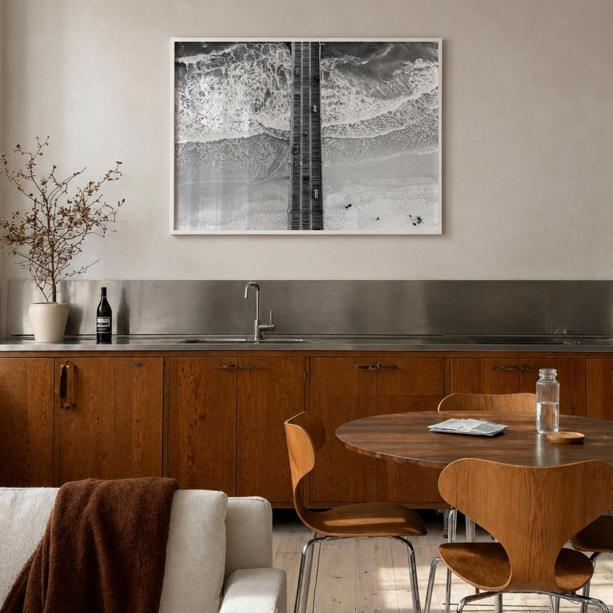 Pensacola black & white photo poster of Florida, USA – horizontal wall art in white wood frame, hanging on wall