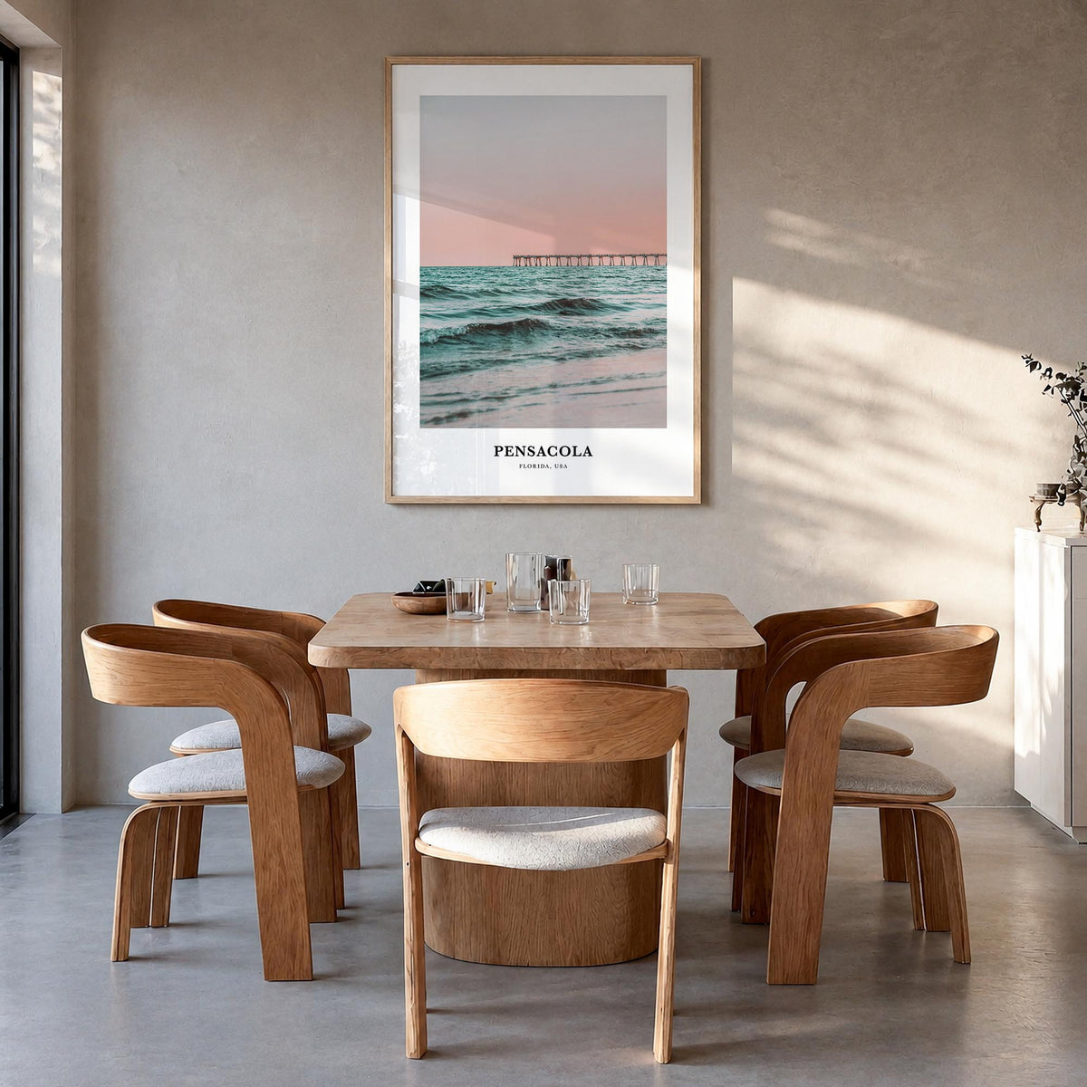 Pensacola colorful classic poster of Florida, USA – vertical wall art in natural wood frame, hanging on wall