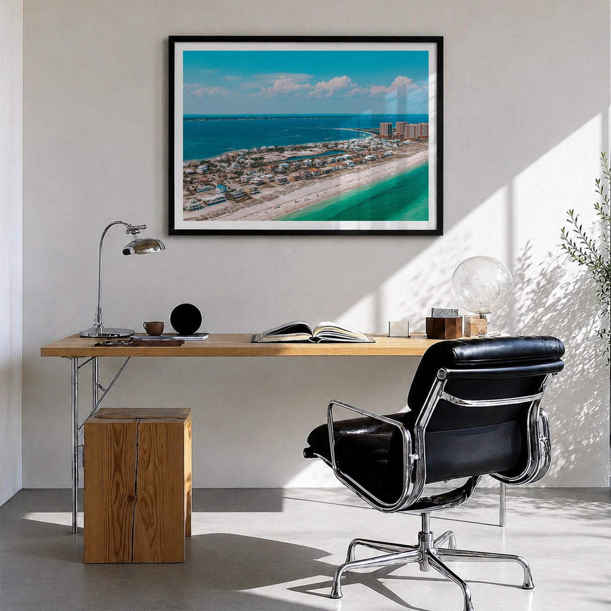 Pensacola colorful photo poster of Florida, USA – horizontal wall art in black wood frame with white border, hanging on wall