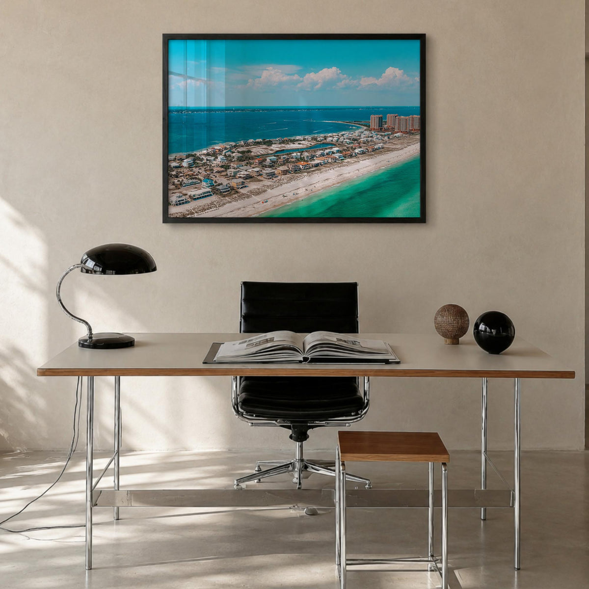 Pensacola colorful photo poster of Florida, USA – horizontal wall art in black wood frame, hanging on wall