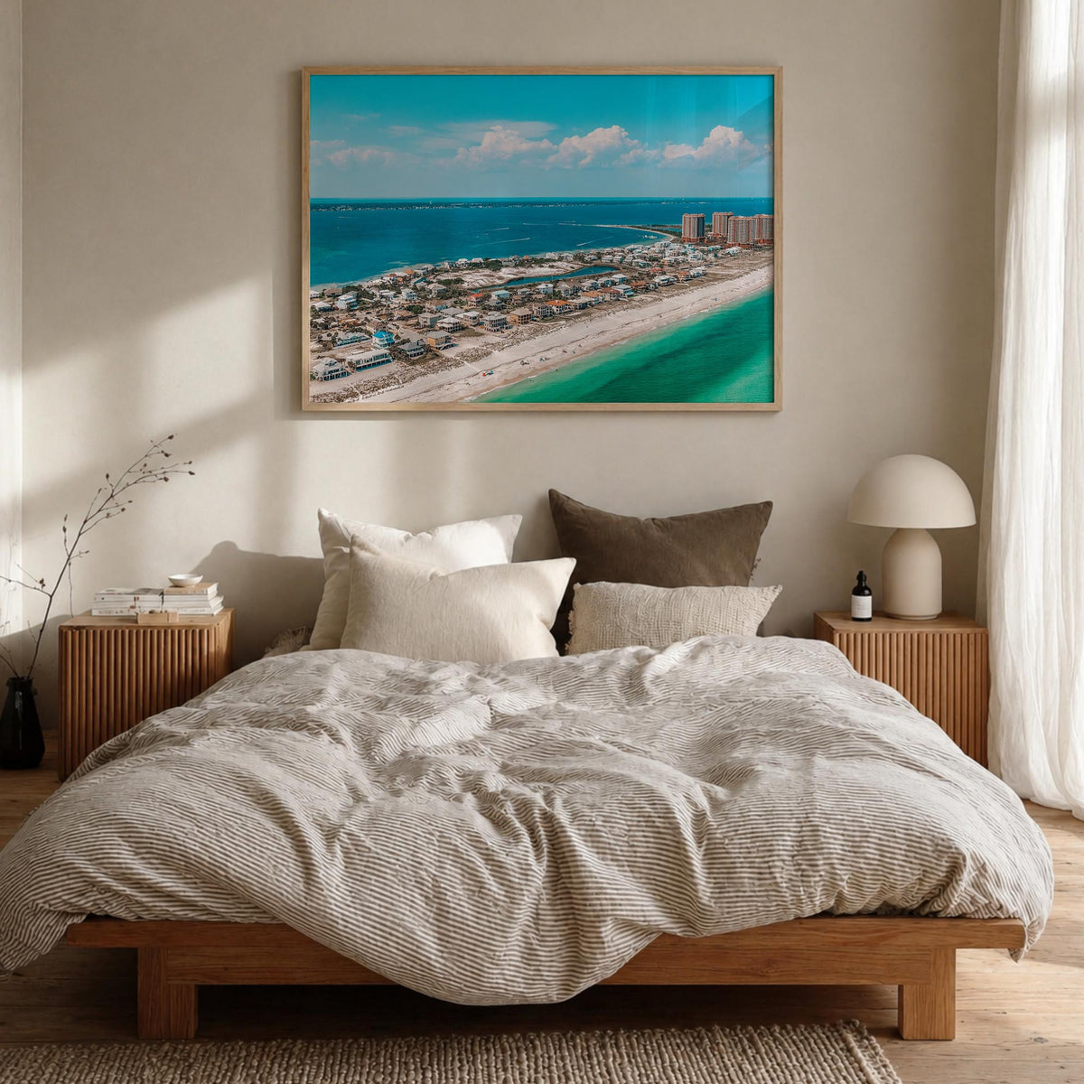 Pensacola colorful photo poster of Florida, USA – horizontal wall art in natural wood frame, hanging on wall