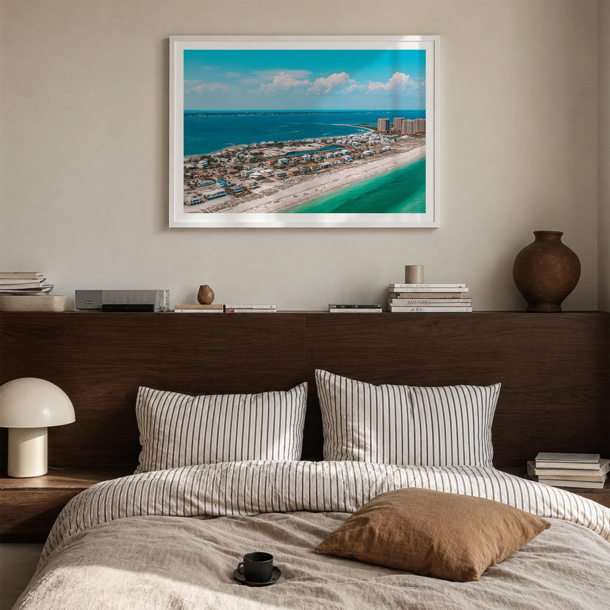 Pensacola colorful photo poster of Florida, USA – horizontal wall art in white wood frame with white border, hanging on wall