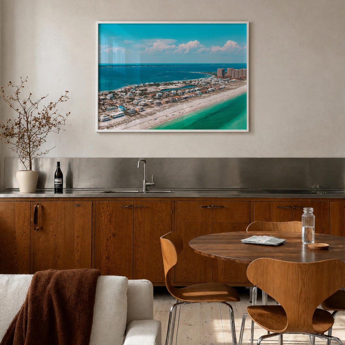 Pensacola colorful photo poster of Florida, USA – horizontal wall art in white wood frame, hanging on wall