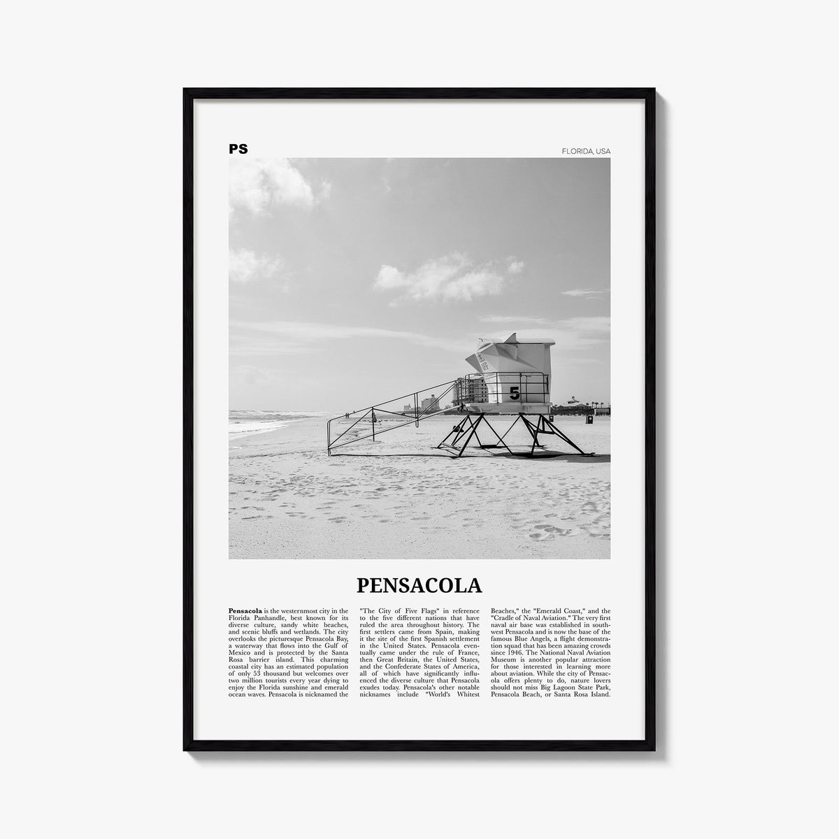 Pensacola no. 1 black & white newspaper poster of Florida, USA – vertical wall art, unframed print shown in interior mockup