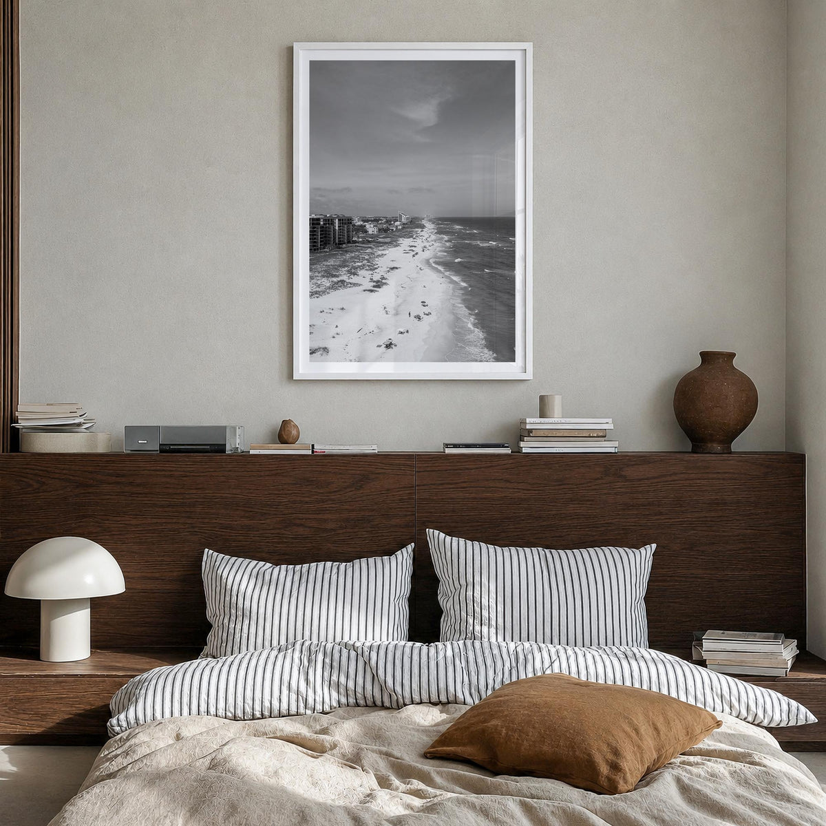 Pensacola no. 1 black & white photo poster of Florida, USA – vertical wall art in white wood frame with white border, hanging