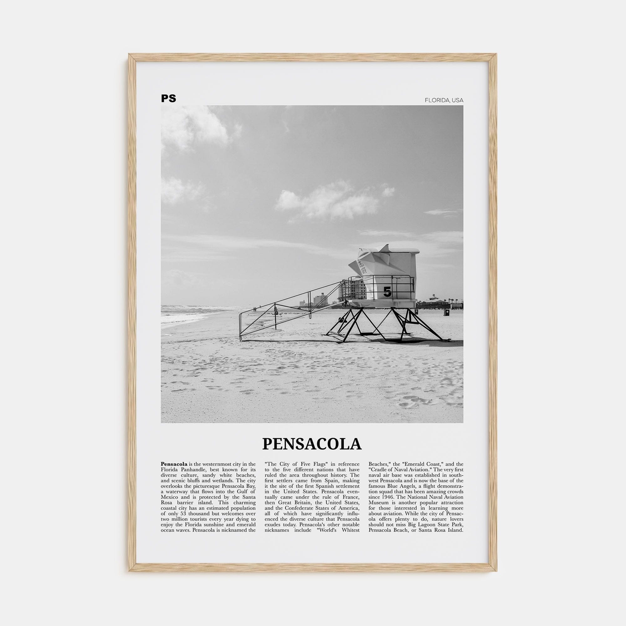 Pensacola No 1 Poster Natural Wood / 8x12 in Nbourhood Travel B&W Poster