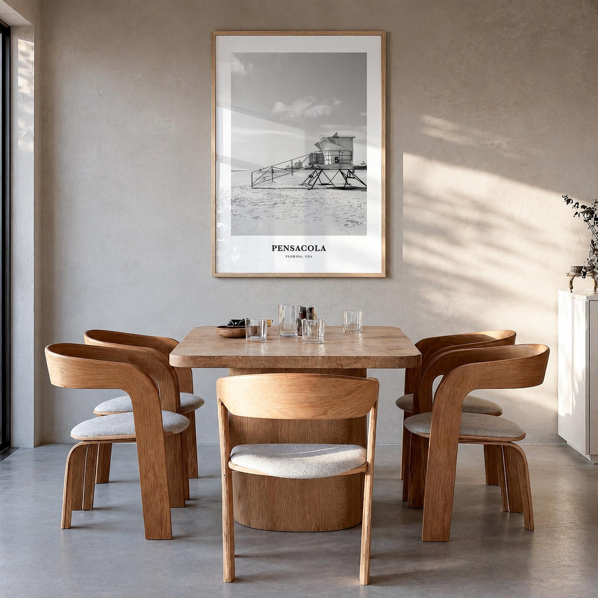Pensacola no. 2 black & white classic poster of Florida, USA – vertical wall art in natural wood frame, hanging on wall