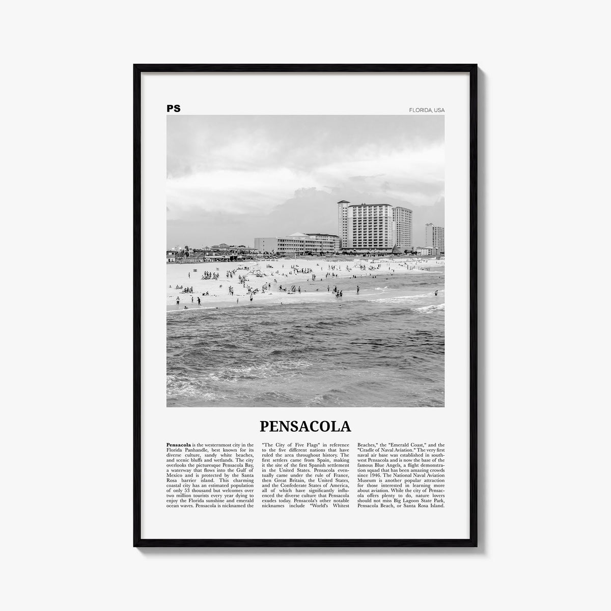Pensacola no. 2 black & white newspaper poster of Florida, USA – vertical wall art, unframed print shown in interior mockup