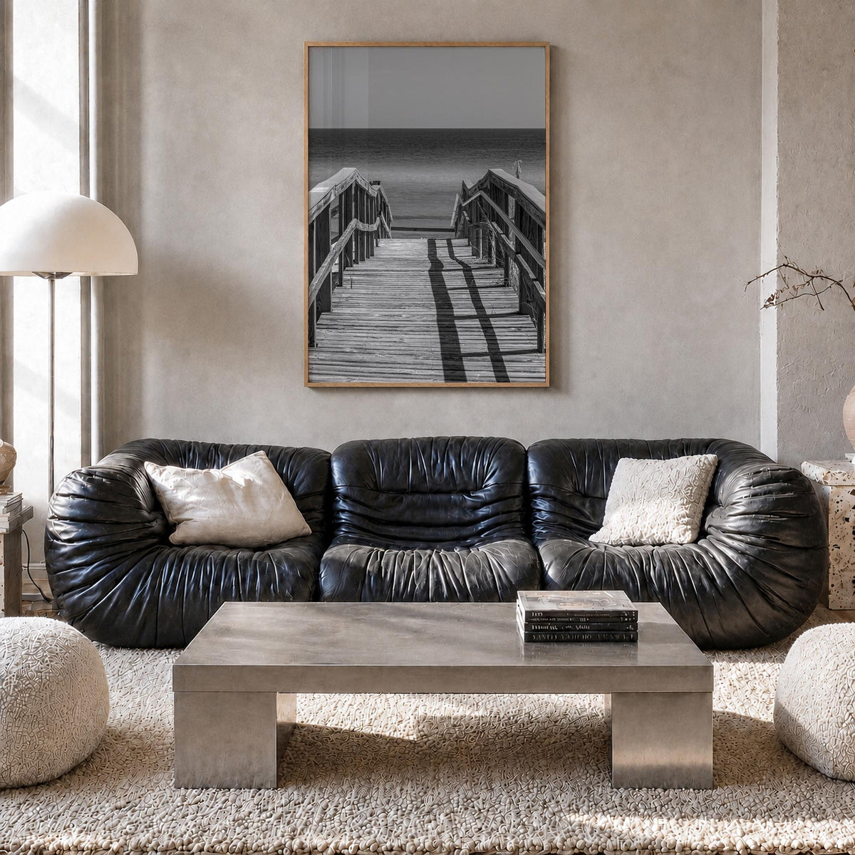 Pensacola no. 2 black & white photo poster of Florida, USA – vertical wall art in natural wood frame, hanging on wall