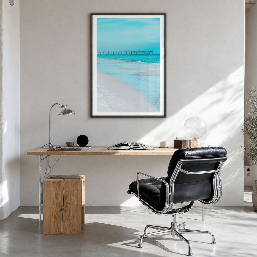 Pensacola Photo No 1 Poster in a black wood frame, hanging in a bright home office, white border