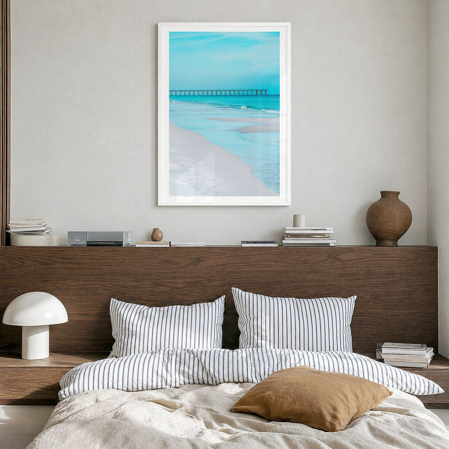 Pensacola Photo No 1 Poster in a white wood frame, hanging in a bedroom, white border
