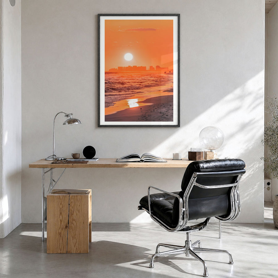 Pensacola Photo No 2 Poster in a black wood frame, hanging in a bright home office, white border