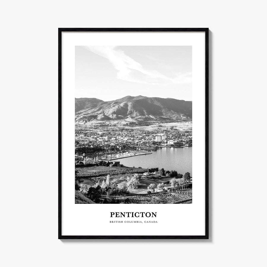 Penticton black & white classic poster of Canada – vertical wall art, unframed print shown in interior mockup