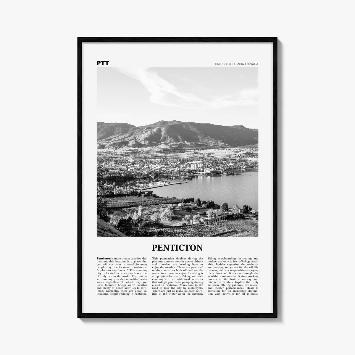 Penticton black & white newspaper poster of Canada – vertical wall art, unframed print shown in interior mockup