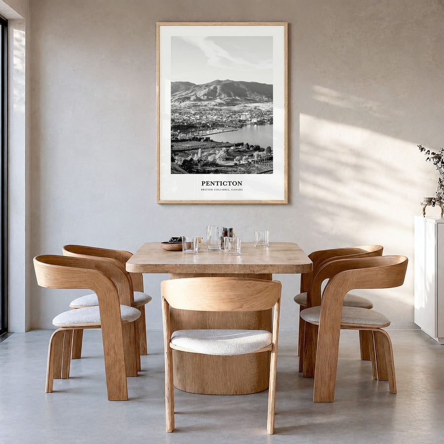 Penticton Classic Poster in a natural wood frame, hanging in a dining room