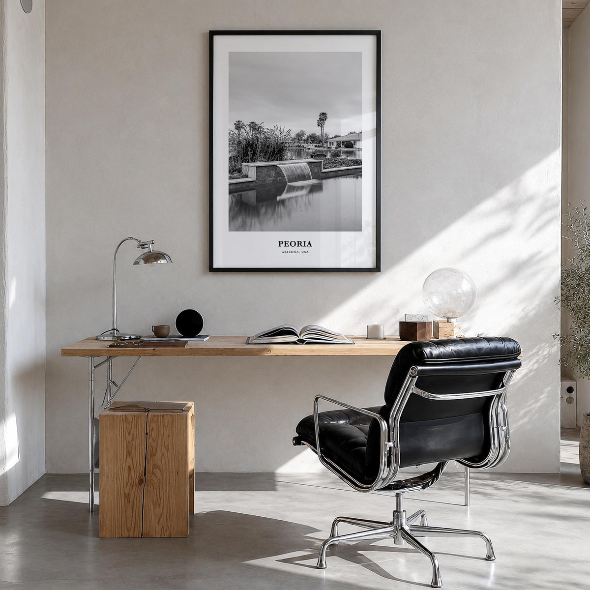 Peoria, Arizona black & white classic poster of Arizona, USA – vertical wall art in black wood frame, hanging on wall