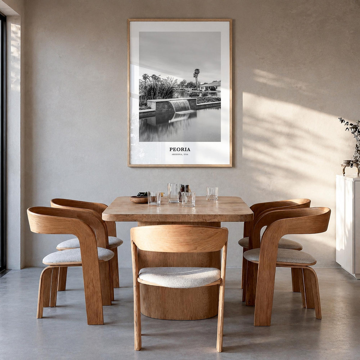 Peoria, Arizona black & white classic poster of Arizona, USA – vertical wall art in natural wood frame, hanging on wall