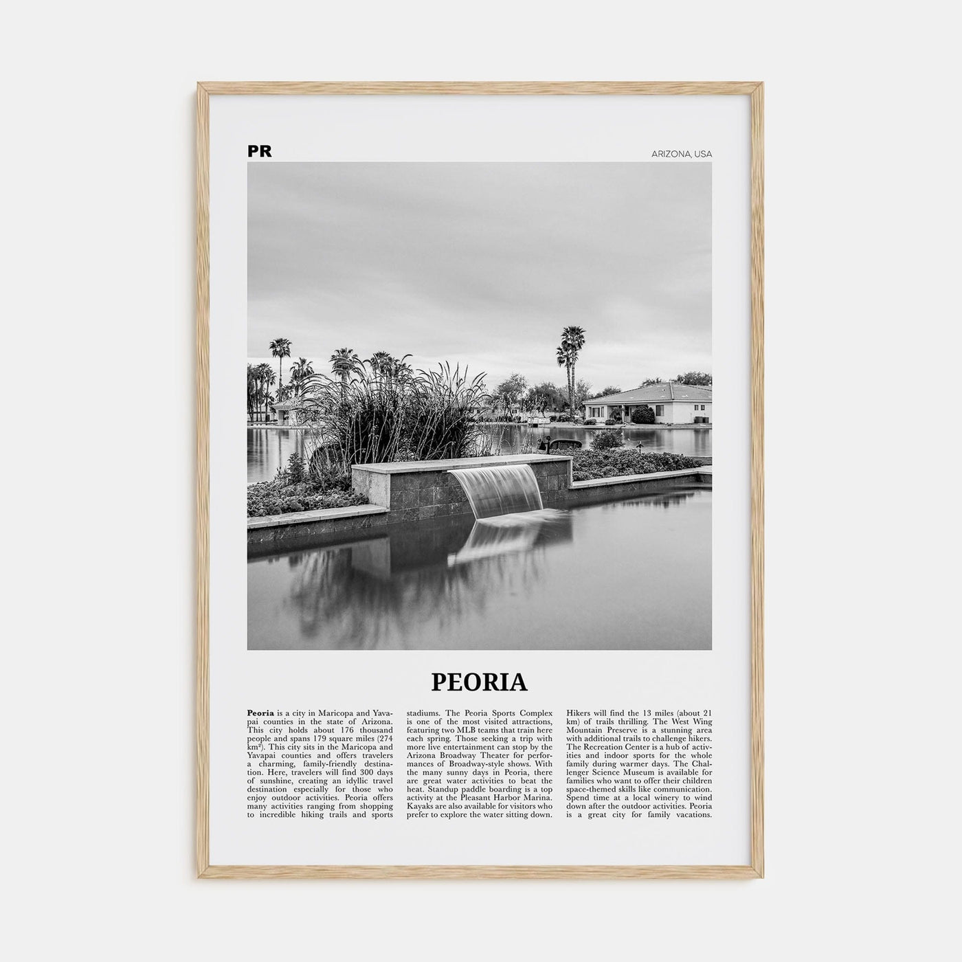 Peoria, Arizona Poster Natural Wood / 8x12 in Nbourhood Travel B&W Poster