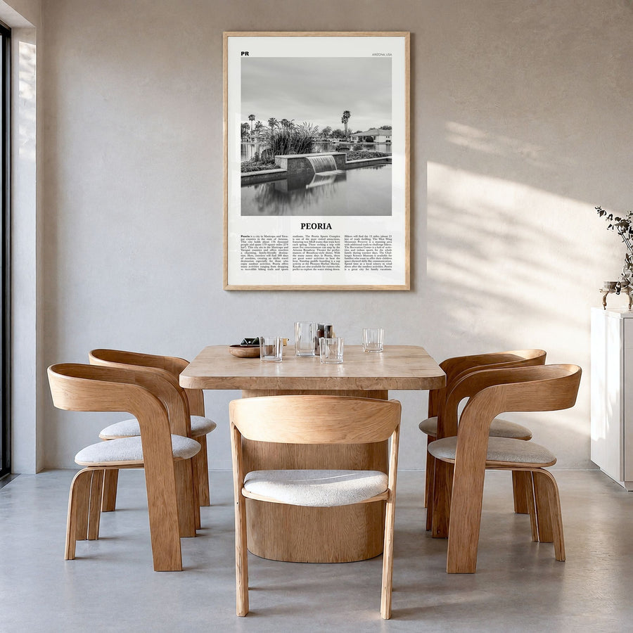 Peoria, Arizona Newspaper Poster in a natural wood frame, hanging in a dining room