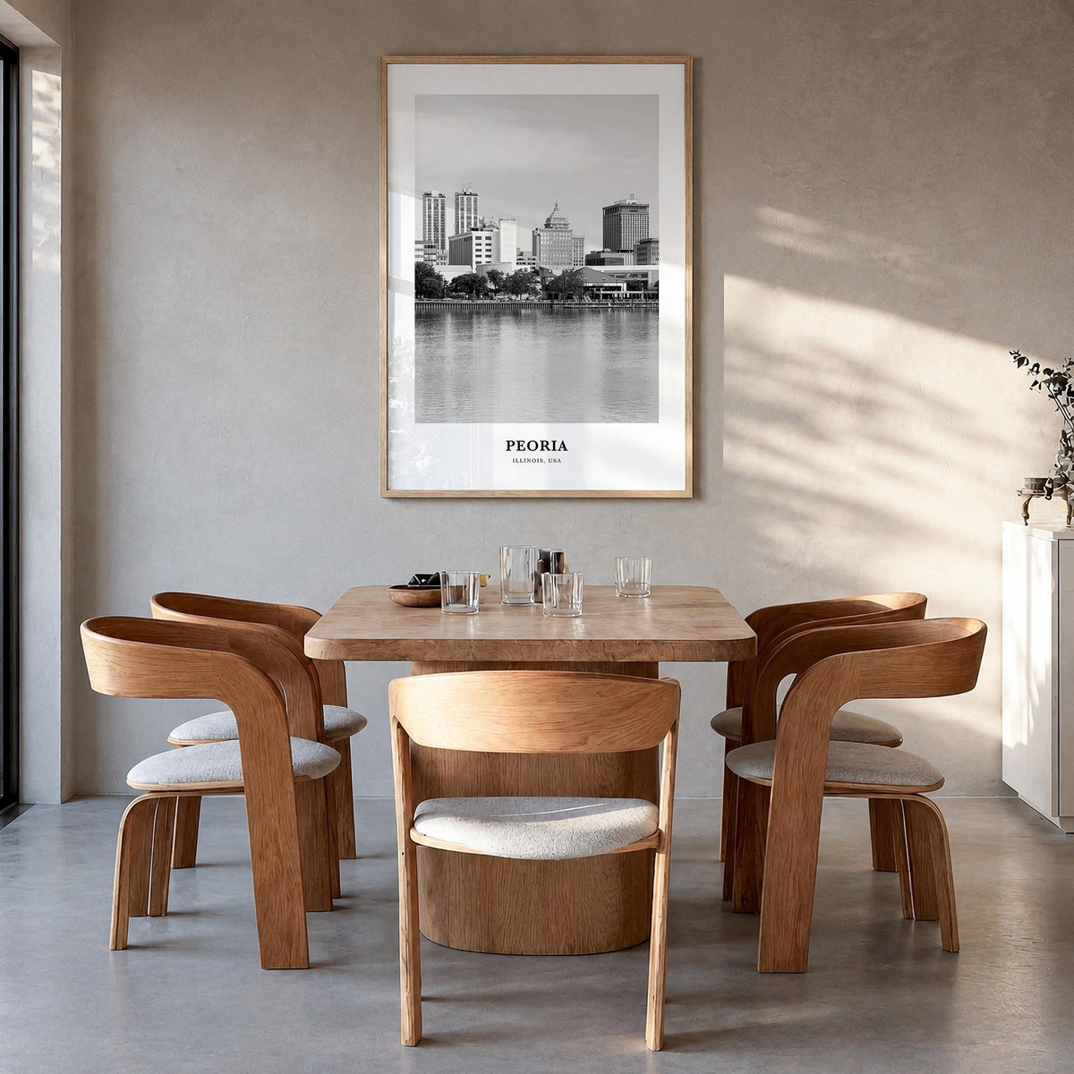 Peoria, Illinois black & white classic poster of Illinois, USA – vertical wall art in natural wood frame, hanging on wall