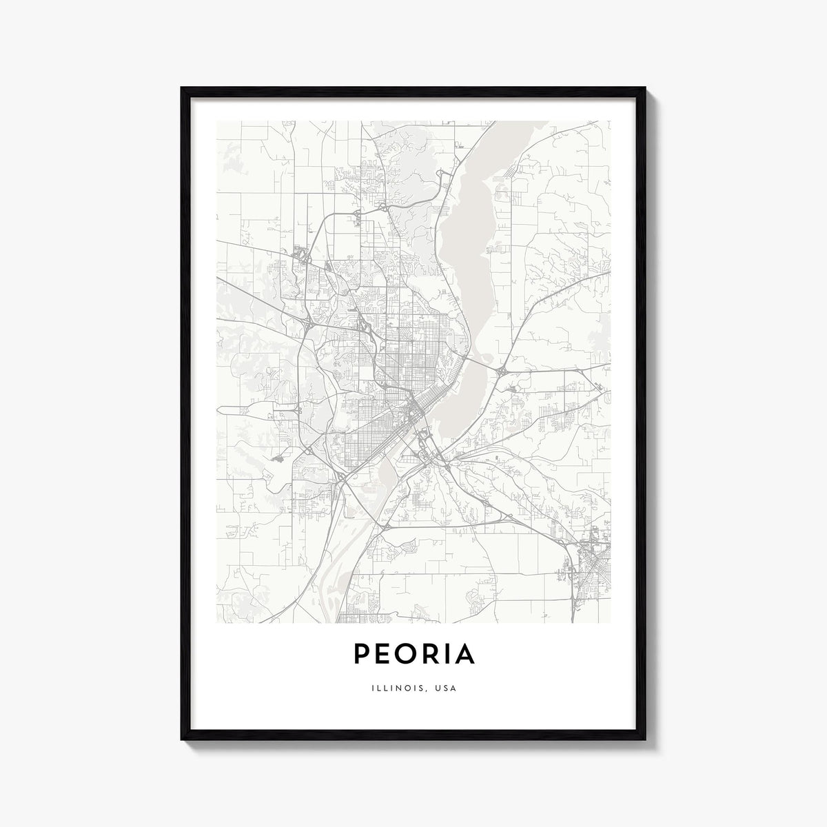 Peoria, Illinois black & white map poster of Illinois, USA – vertical wall art, unframed print shown in interior mockup