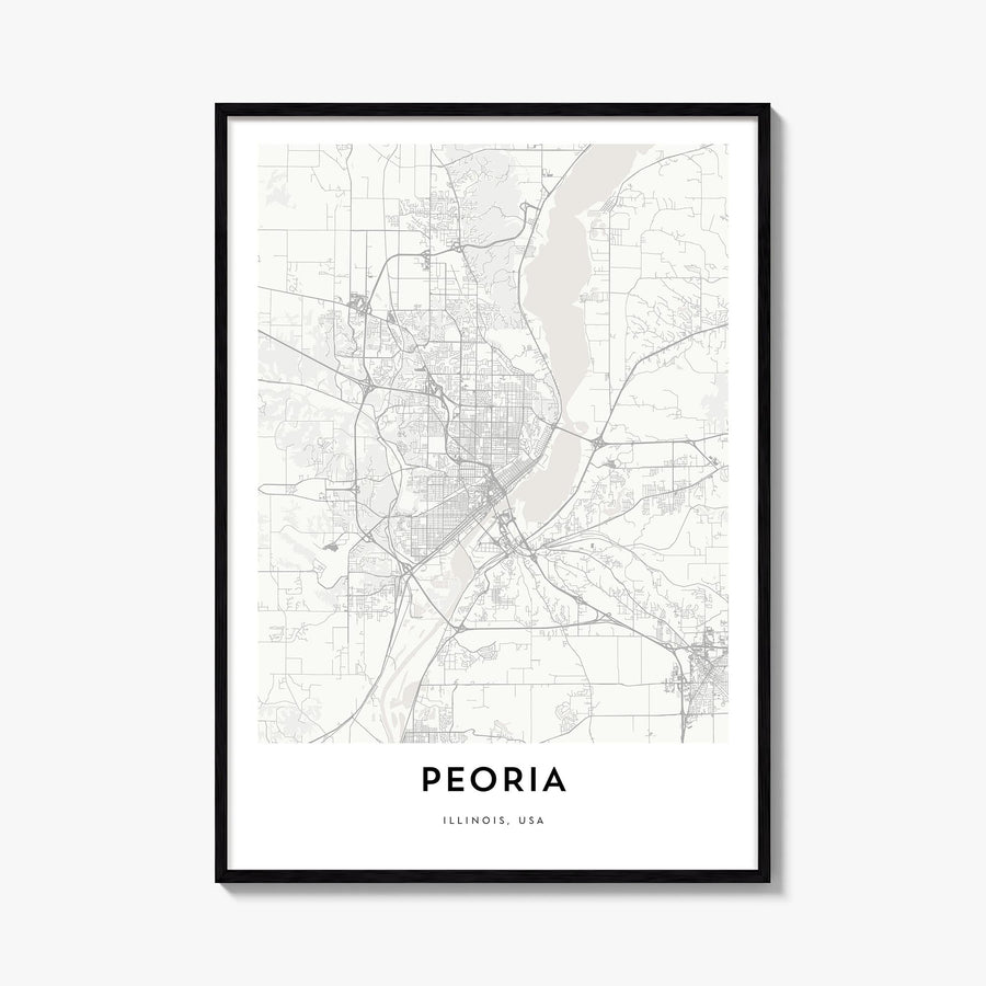 Peoria, Illinois black & white map poster of Illinois, USA – vertical wall art, unframed print shown in interior mockup