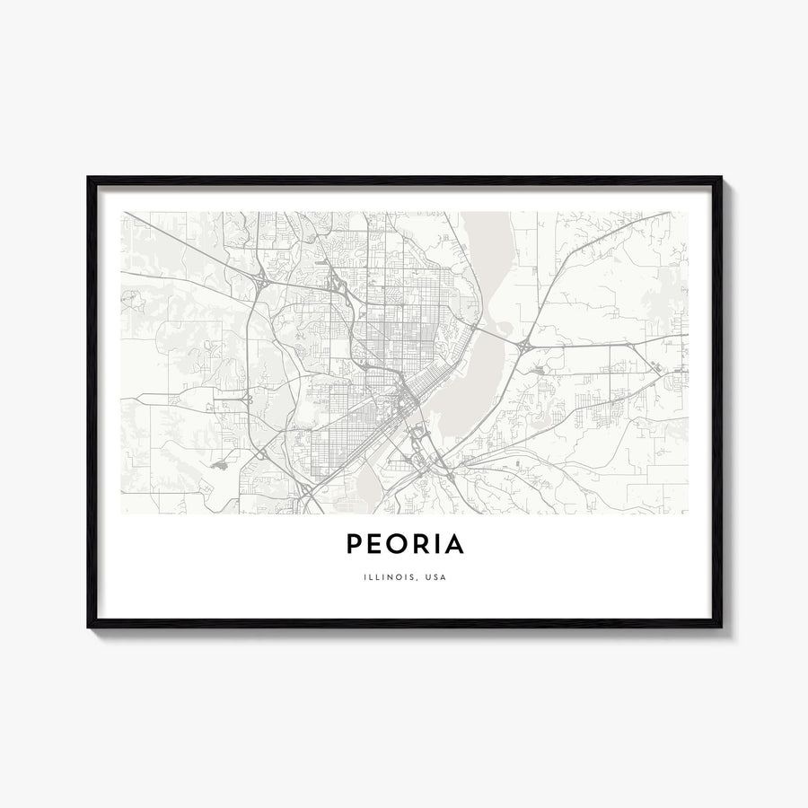 Peoria, Illinois black & white map poster of Illinois, USA – horizontal wall art, unframed print shown in interior mockup