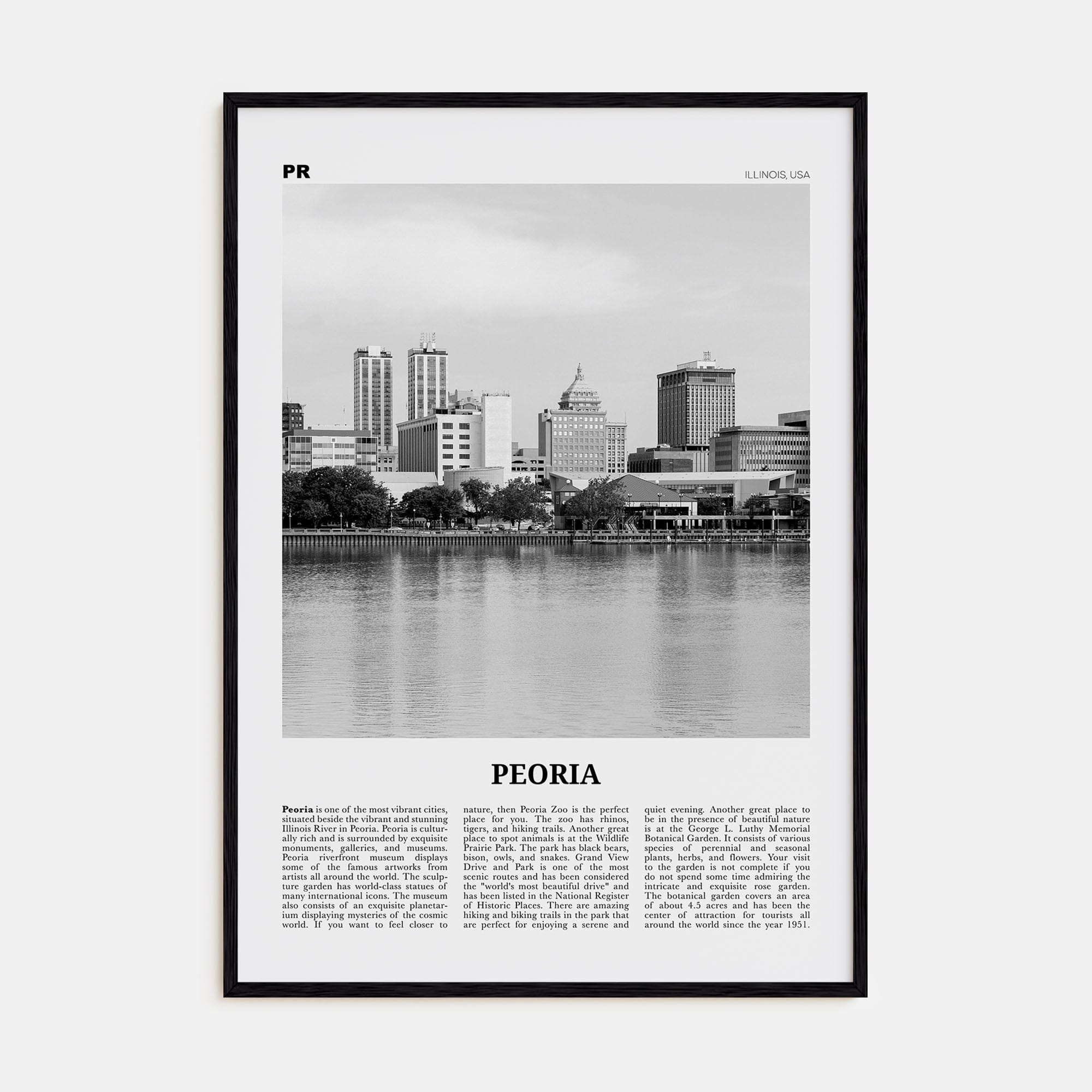 Peoria, Illinois Poster Black Wood / 8x12 in Nbourhood Travel B&W Poster