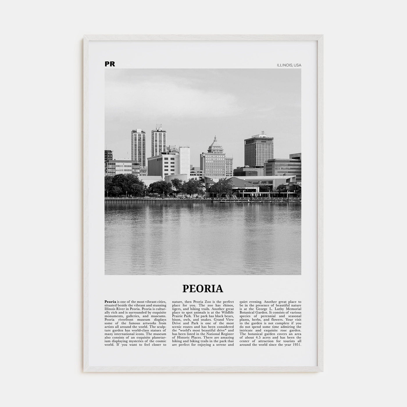 Peoria, Illinois Poster White Wood / 8x12 in Nbourhood Travel B&W Poster