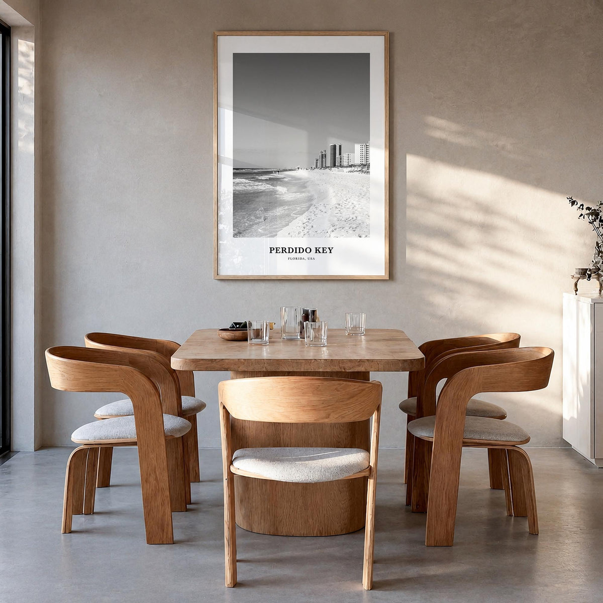 Perdido Key black & white classic poster of Florida, USA – vertical wall art in natural wood frame, hanging on wall