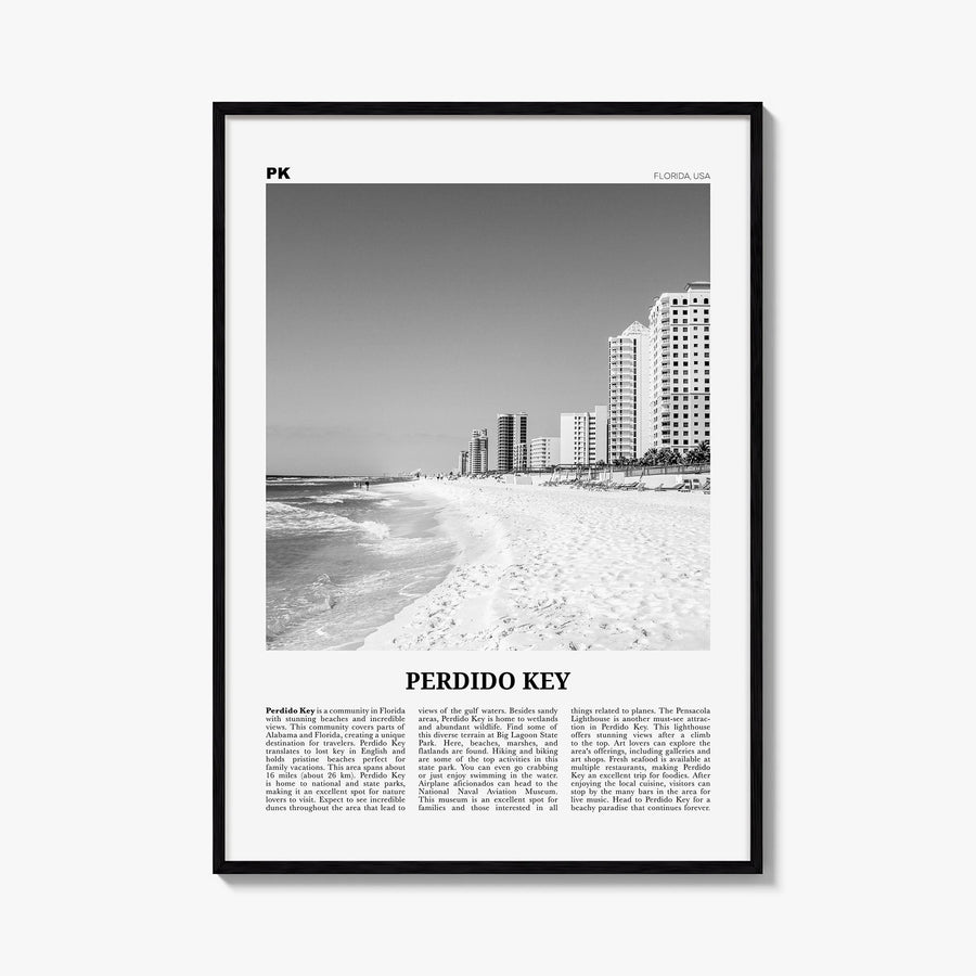 Perdido Key black & white newspaper poster of Florida, USA – vertical wall art, unframed print shown in interior mockup
