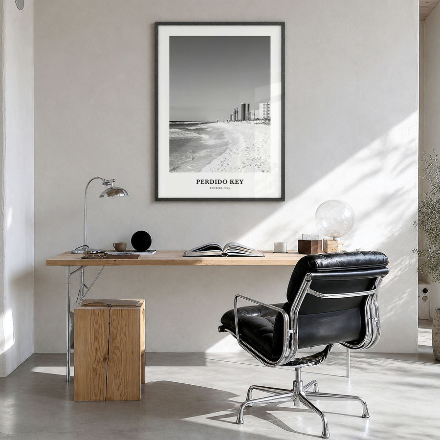 Perdido Key Classic Poster in a black wood frame, hanging in a bright home office