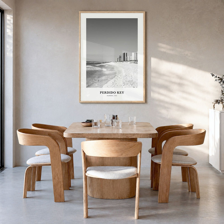 Perdido Key Classic Poster in a natural wood frame, hanging in a dining room