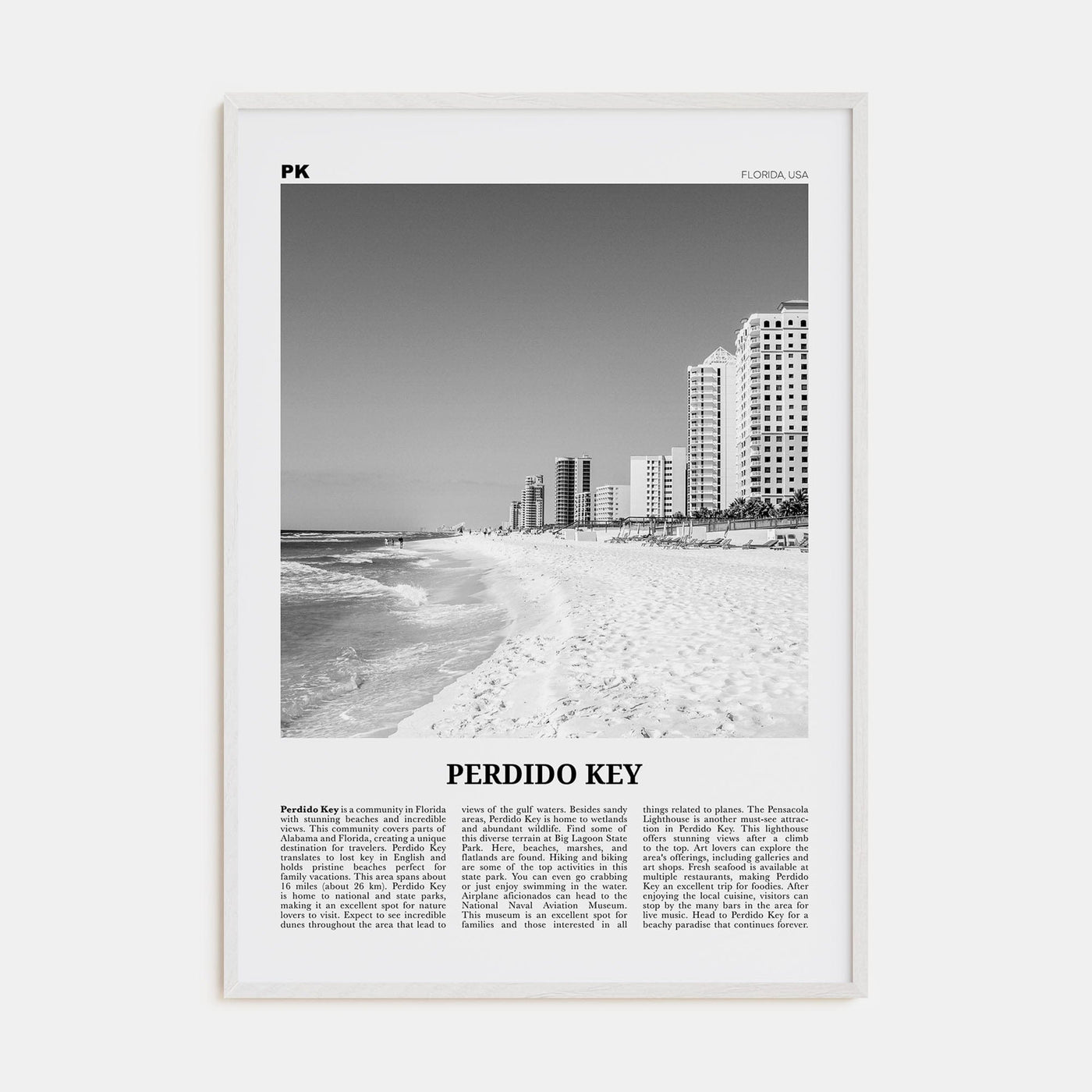 Perdido Key Poster White Wood / 8x12 in Nbourhood Travel B&W Poster