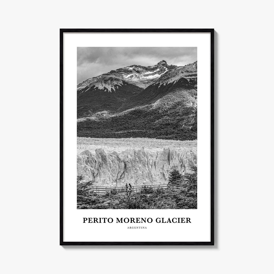 Perito Moreno Glacier black & white classic poster of Argentina – vertical wall art, unframed print shown in interior mockup