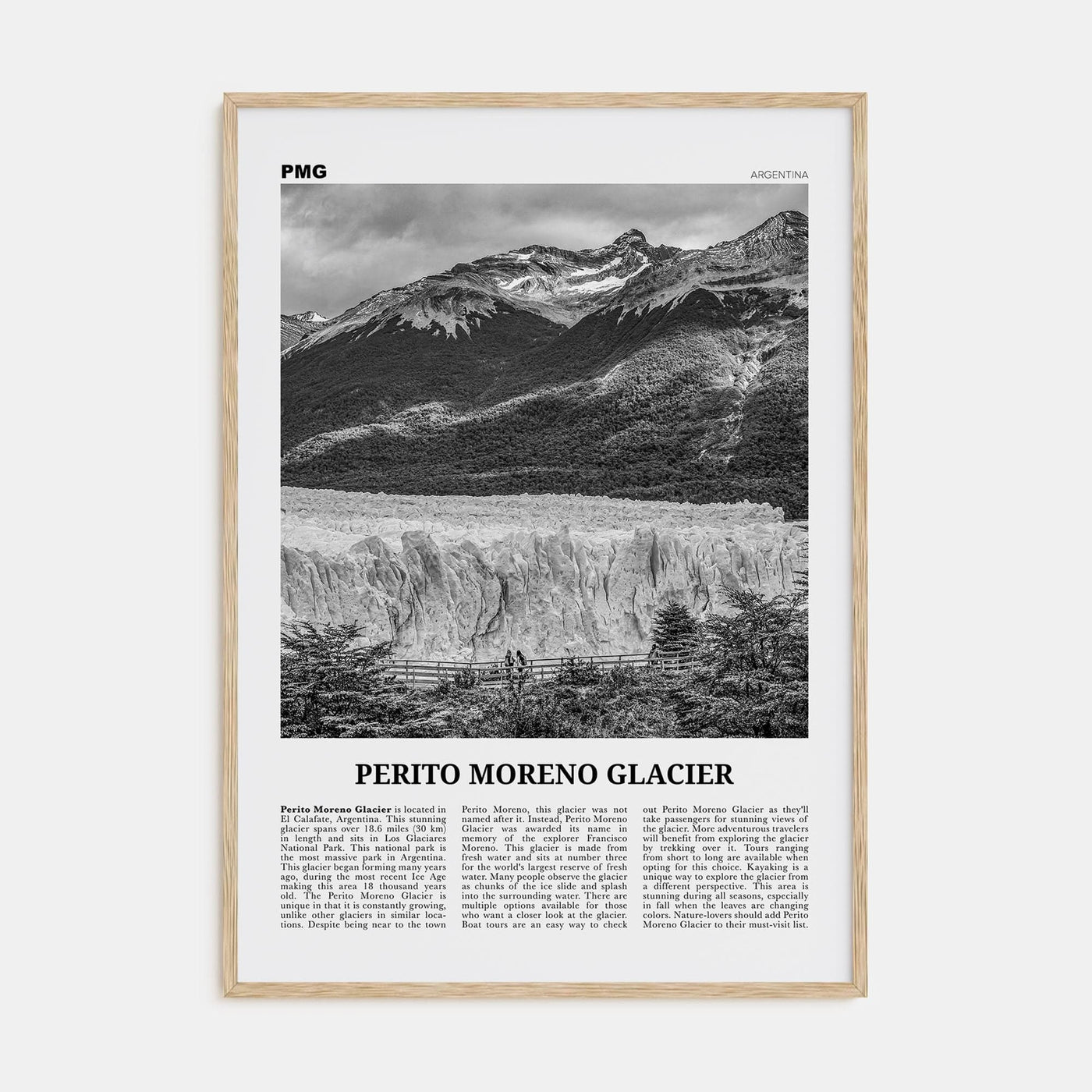 Perito Moreno Glacier Poster Natural Wood / 8x12 in Nbourhood Travel B&W Poster