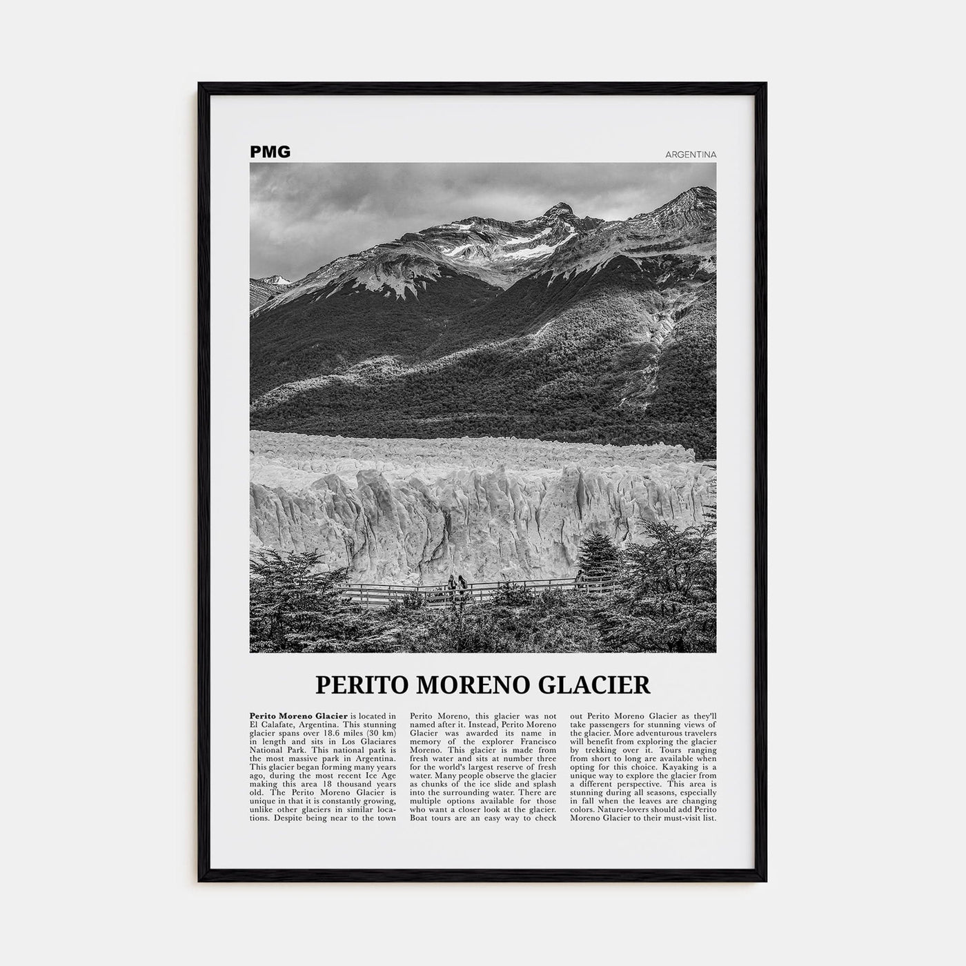 Perito Moreno Glacier Poster Black Wood / 8x12 in Nbourhood Travel B&W Poster