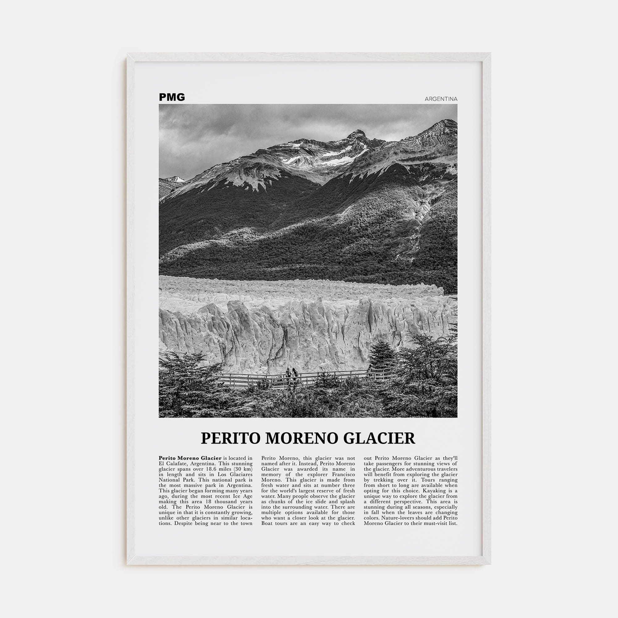 Perito Moreno Glacier Poster White Wood / 8x12 in Nbourhood Travel B&W Poster